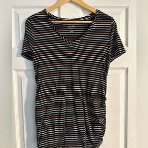 Maternity shirt.  Black with blue, white, mint green, and orange stripes.